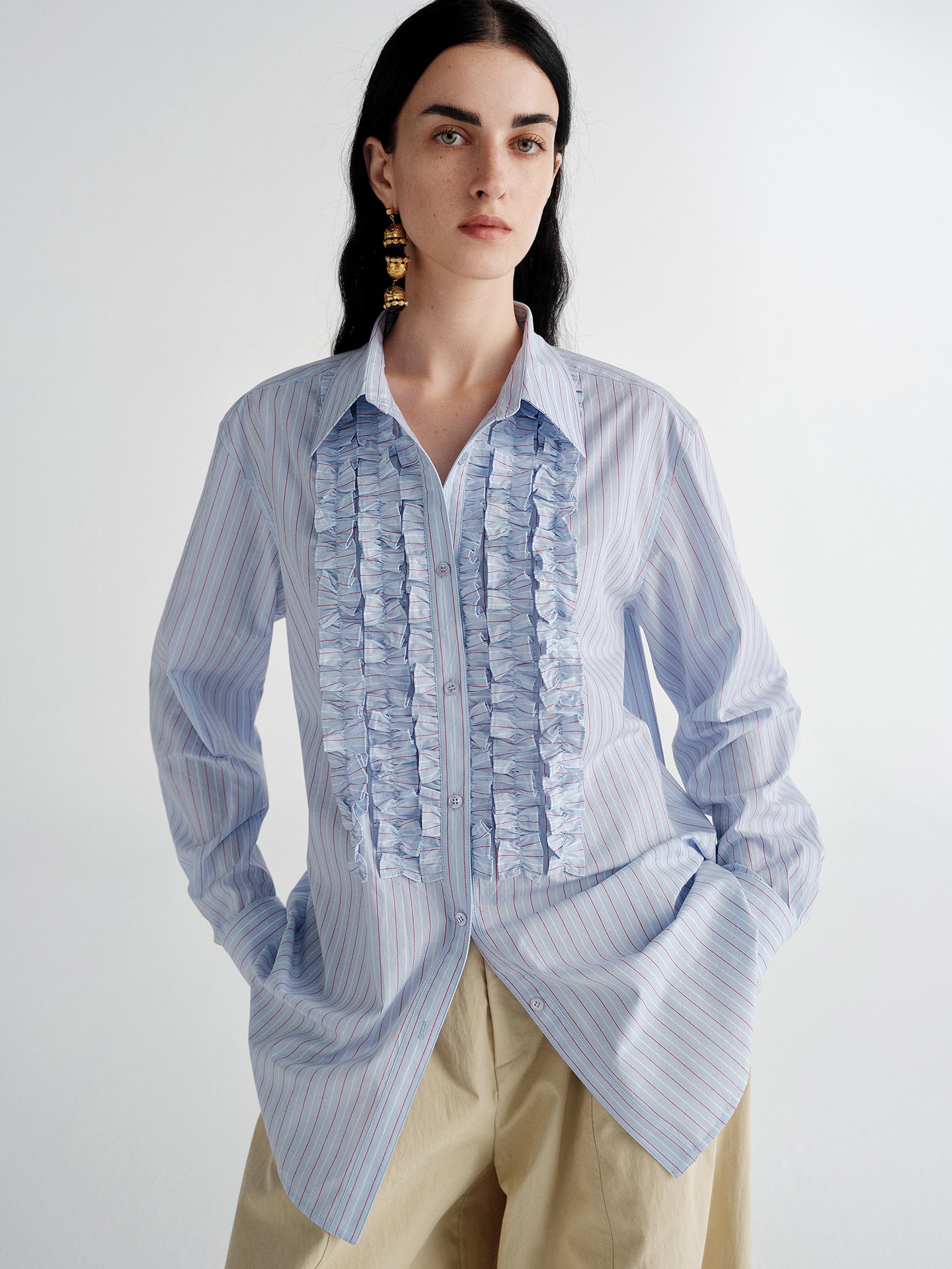 Modern Victorian Pima Cotton Shirt – Romantic Ruffle Trim Elegant Commuter Blouse