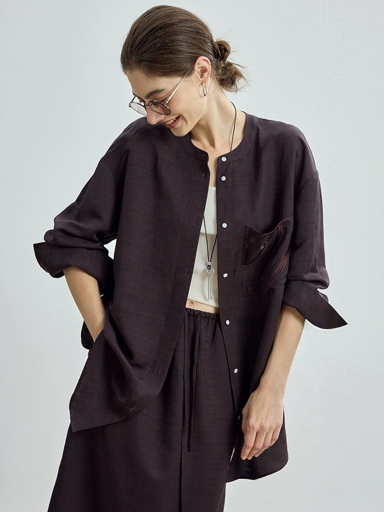 Minimalist Style Early Autumn Embroidered Stand Collar Shirt & Skirt Set (Sold Separately)