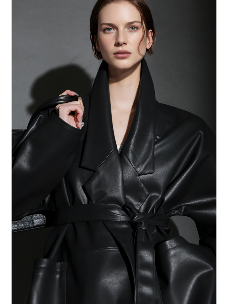 Women’s Short Leather Trench Coat – Tailored Waist Blazer Collar Lambskin Jacket for Fall