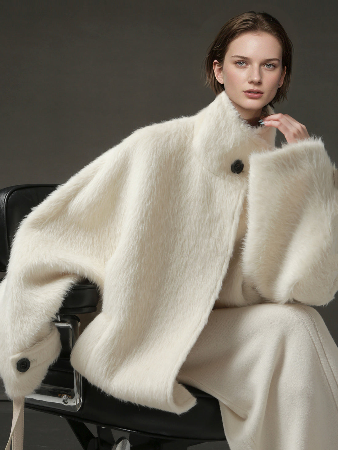 Alpaca Wool Biker Jacket for Women – Stand Collar Suoli Alpaca Coat with Luxe Textured Finish, Winter Chic Outerwear