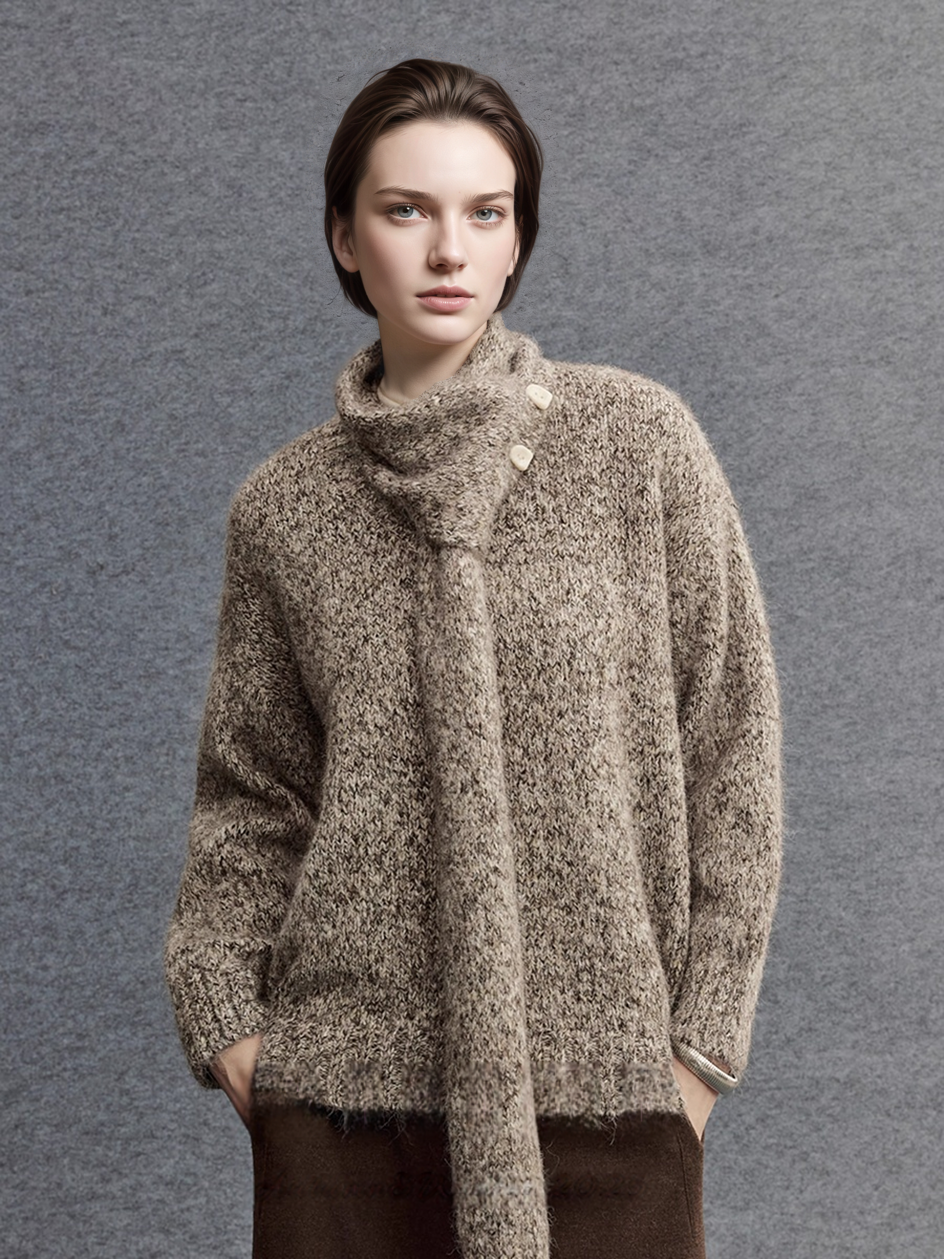 Textured Mélange Knit Sweater with Detachable Scarf | Relaxed H-Silhouette Drop-Shoulder V-Neck Pullover for Women