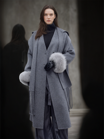 Women’s Long Double-Faced Wool Coat with Fox Fur Cuffs and Fringe Scarf | Fall Winter Overcoat