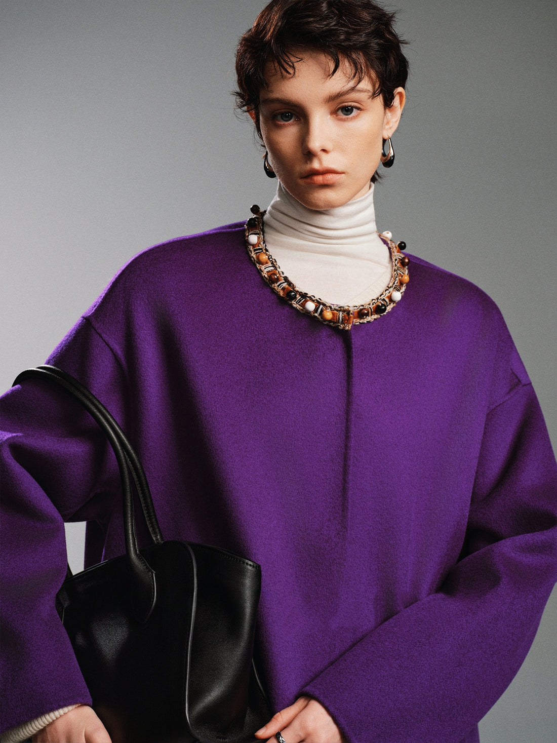 Luxury Cashmere Blend Beaded Coat | Original Designer Double-Sided Wool Overcoat for Women, Forest &amp; Deer Inspired Design