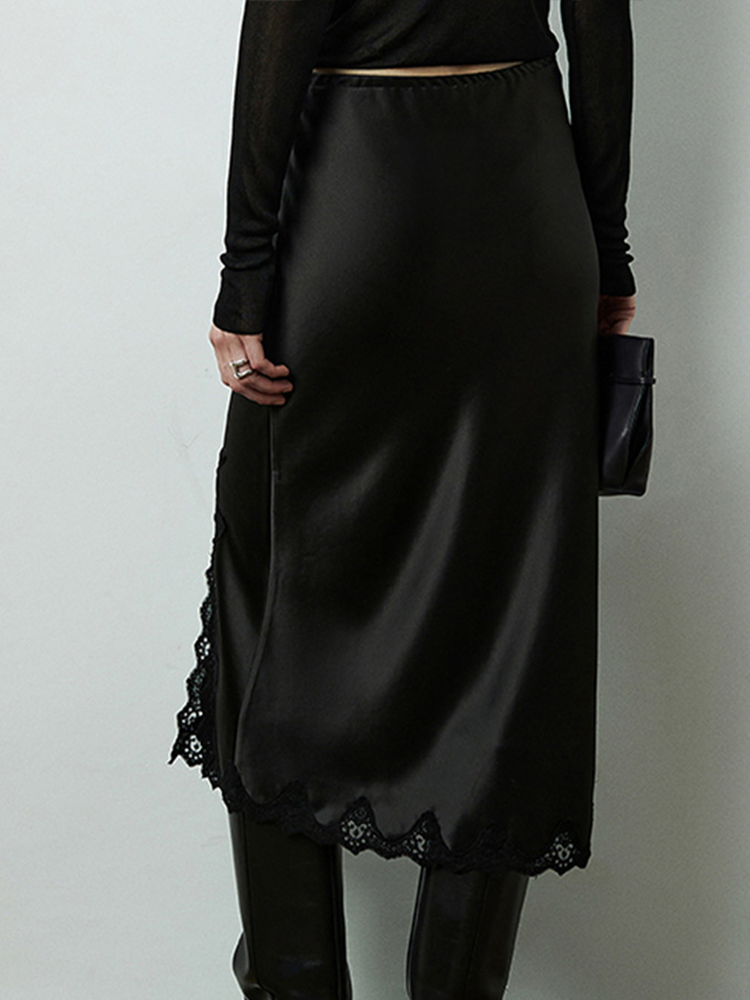 French Elegant Acetate Lace Slit Midi Skirt — Boudoir-Inspired Custom Craft Skirt for Women