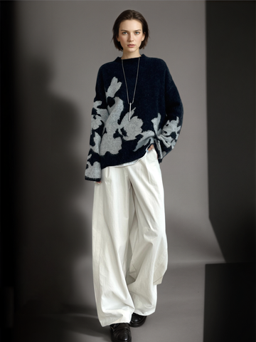 Women’s Wool Cashmere Jacquard Knit Sweater | Soft Brushed Pullover with Relaxed Fit for Fall Winter