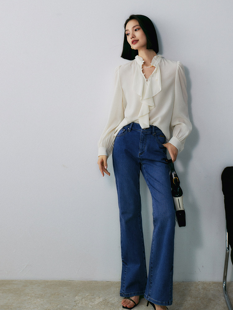 Women's Limited-Edition Heavyweight Crinkled Waffle Silk Ruffle Blouse – Elegant Fall Statement Shirt