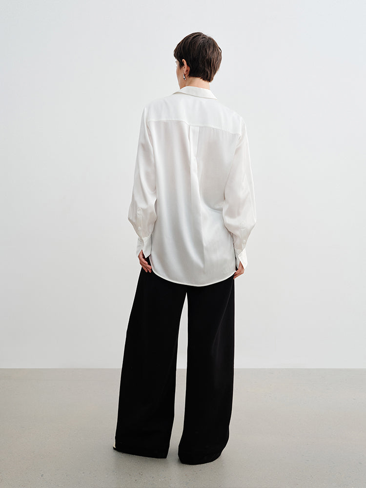 Elegant 22MM Silk Crepe de Chine Shirt – Draped Lace Spliced Faux Two-Piece Design