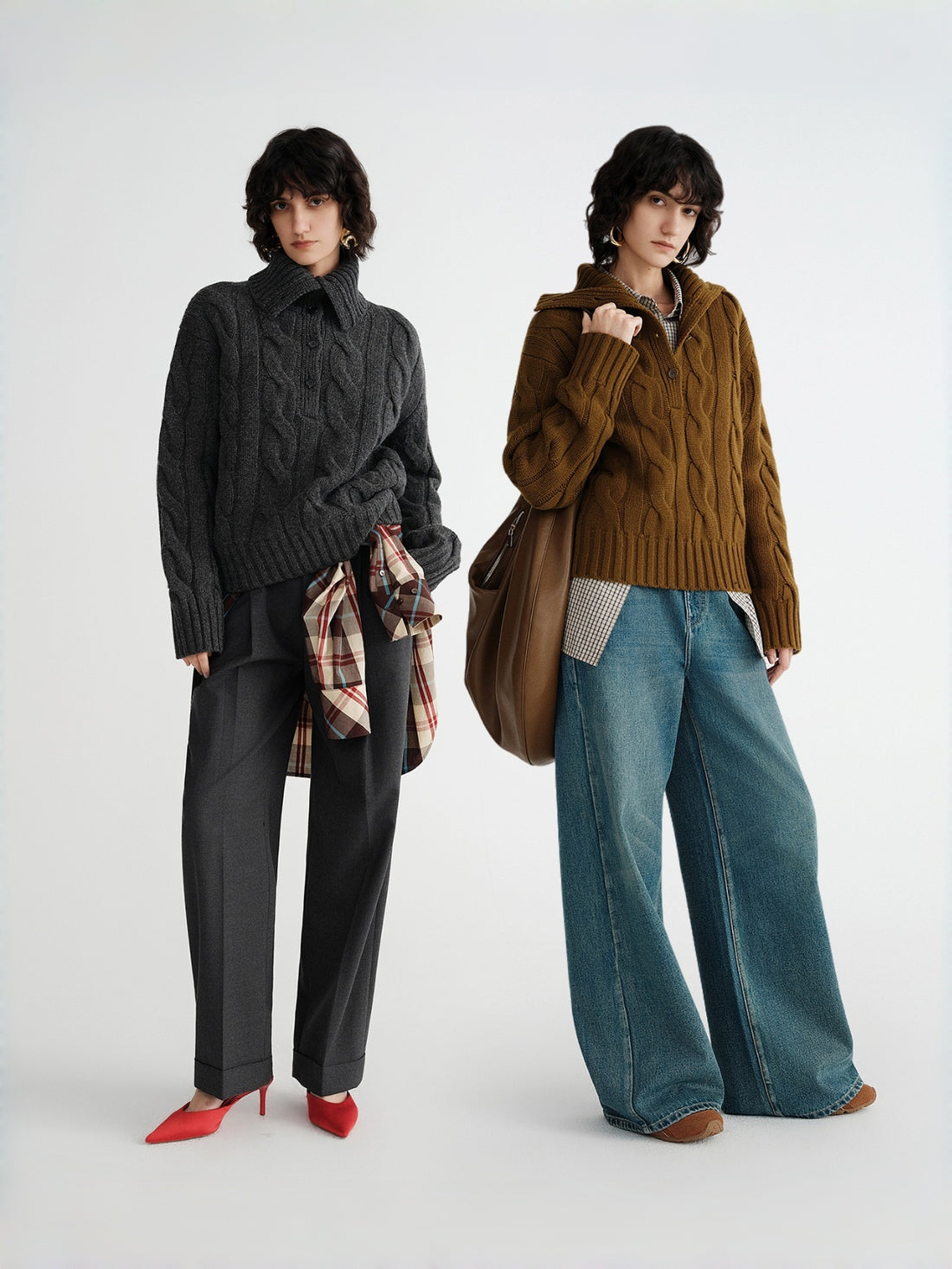 Sculptural Cable Knit Series Autumn/Winter Essential Pure Wool Yarn Chunky Knit Polo Sweater – Oversized Silhouette