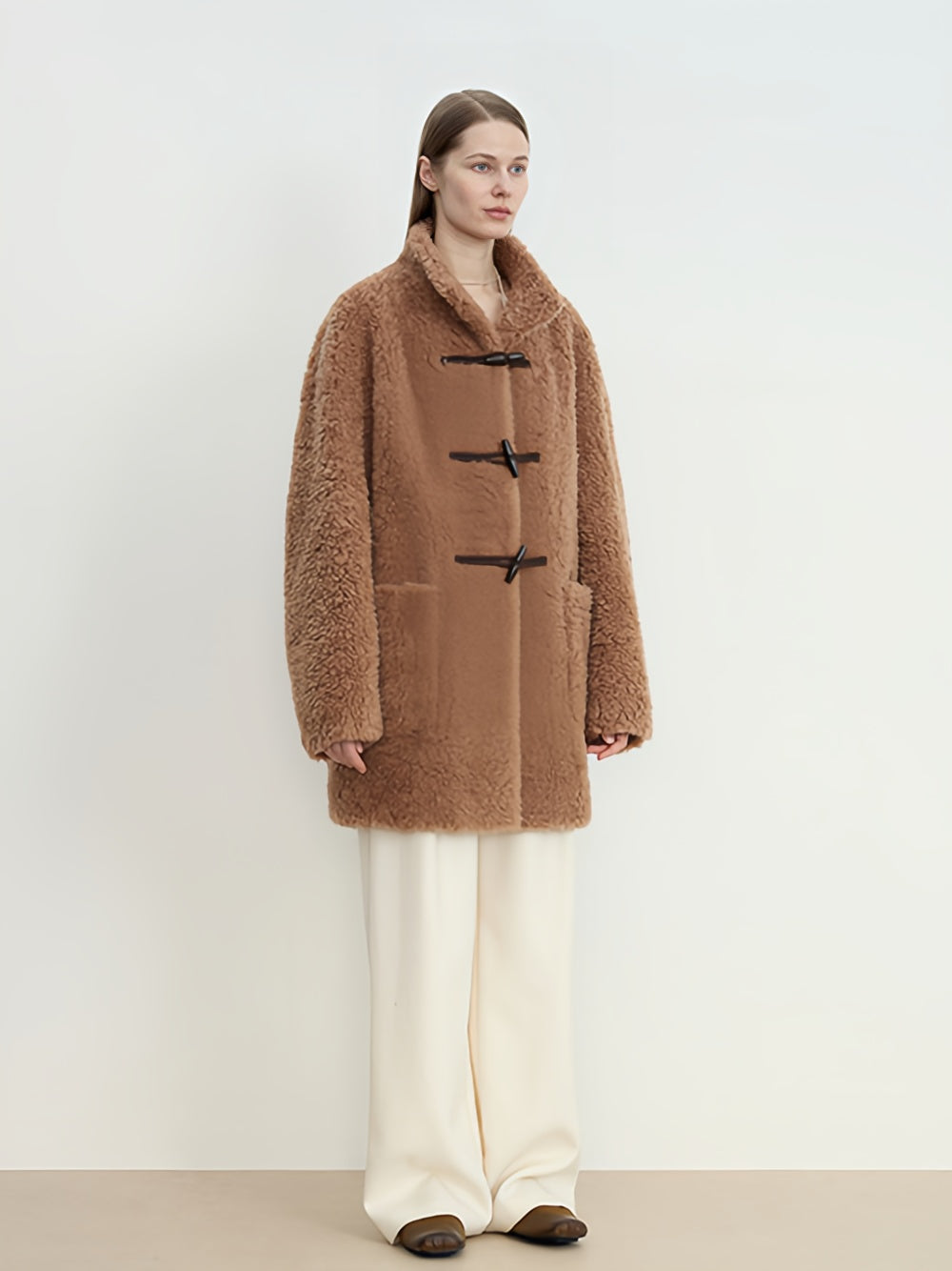 Ragoon-Style Curly Shearling Wool Coat for Women – Mid-Length Faux Shearling Jacket with Toggle Closure and Stand CollarRagoon-Style Curly Shearling Wool Coat for Women – Mid-Length Faux Shearling Jacket with Toggle Closure and Stand Collar