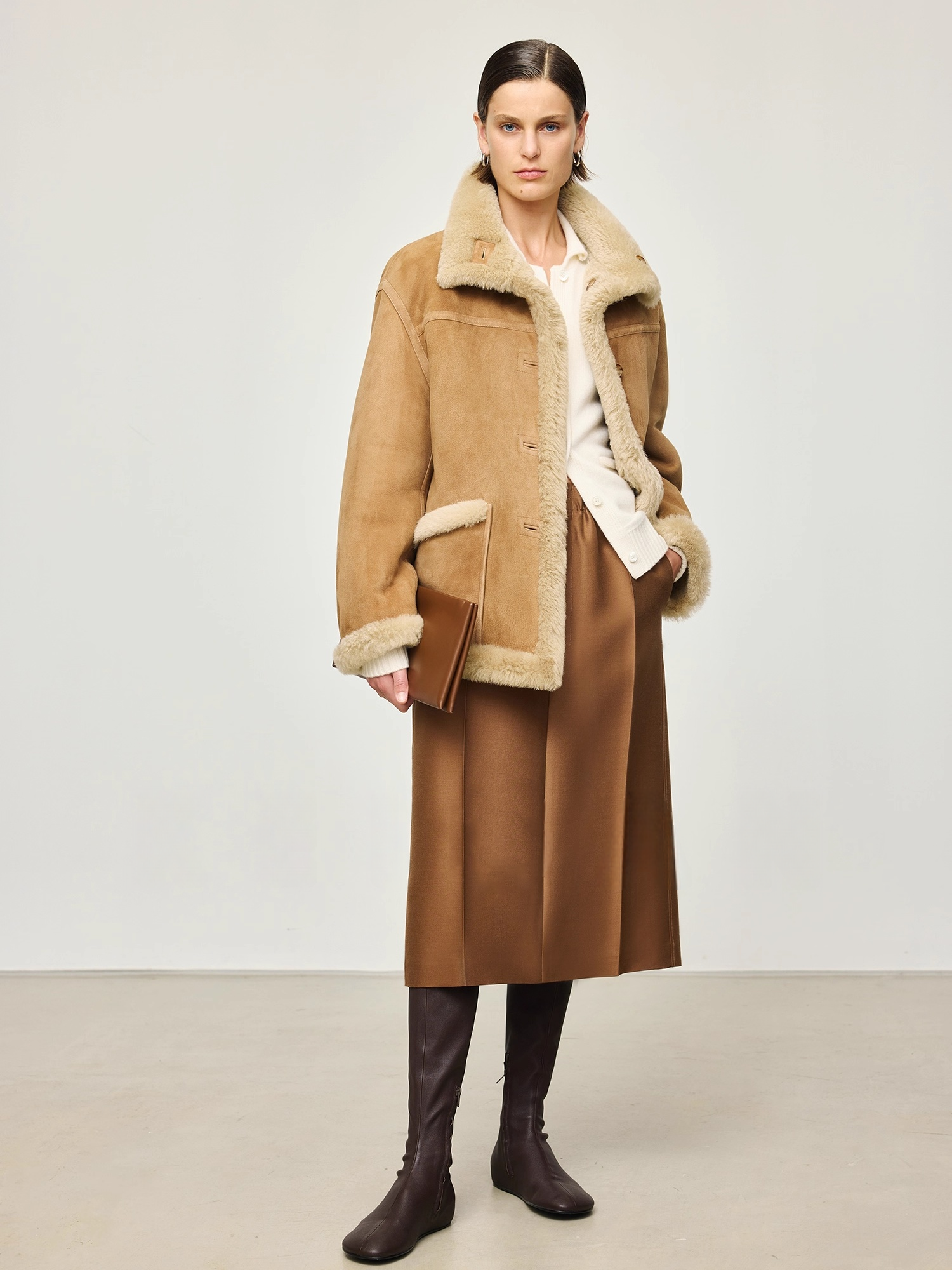 45mm Heavyweight Silk-Wool Luxe Skirt | Minimalist Straight Midi Skirt with Elastic Waist & Button Placket