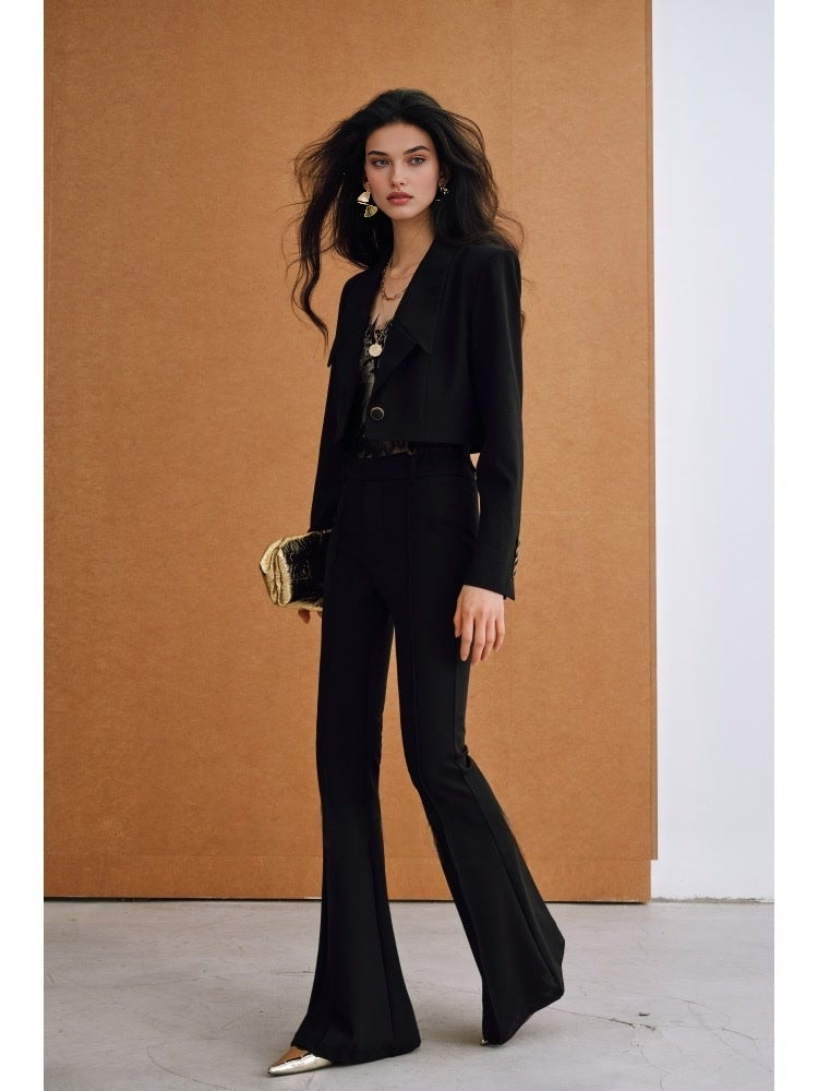 Refined Stretch Roman Fabric Pants – Handcrafted 3D Seaming, Yuppie-Style Flared Horse Hoof Hem