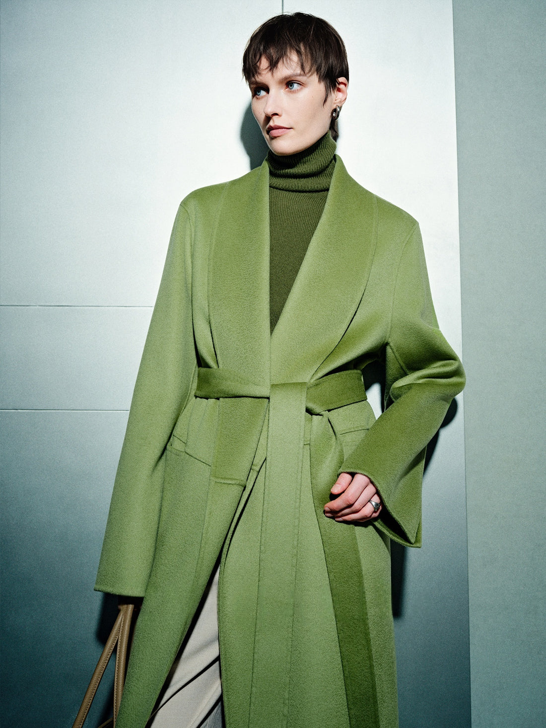 100% Cashmere Double-Faced Coat for Women – Elegant Moonlight Green Wool Overcoat