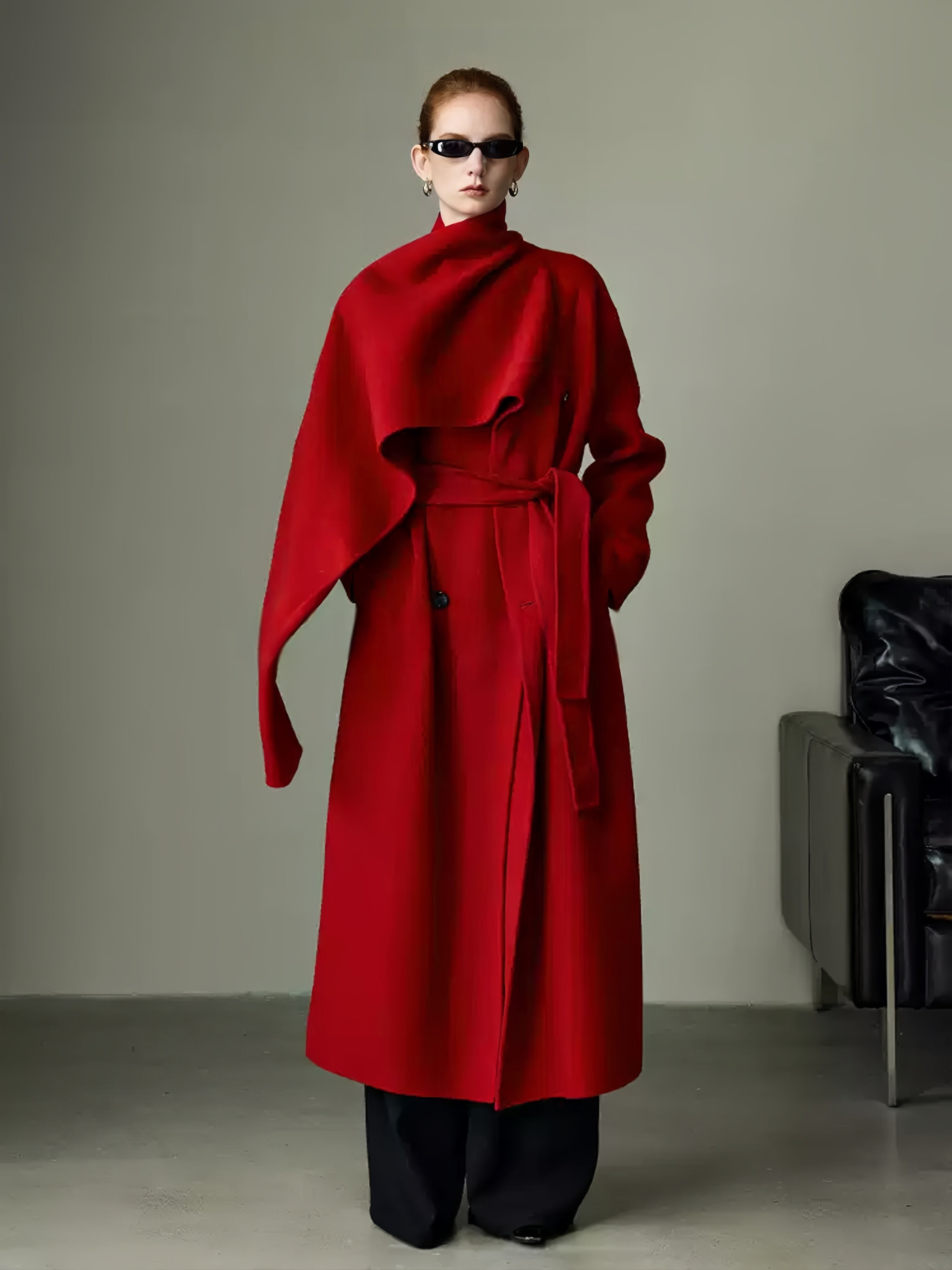 Cape-Style Christmas Red Double-Faced Wool Coat for Women – Elegant Long Scarf-Collar Woolen Overcoat