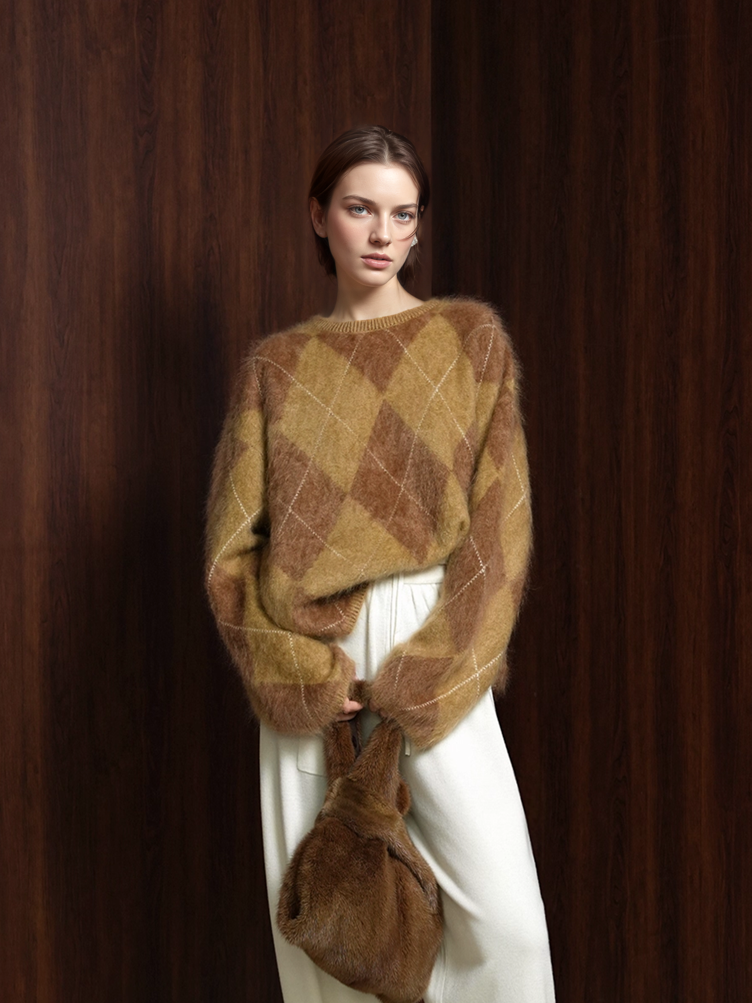 Heavyweight Brushed Knit Vintage Diamond-Pattern Sweater for Women