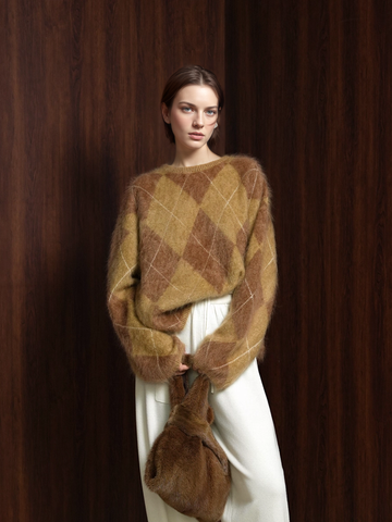 Heavyweight Brushed Knit Vintage Diamond-Pattern Sweater for Women