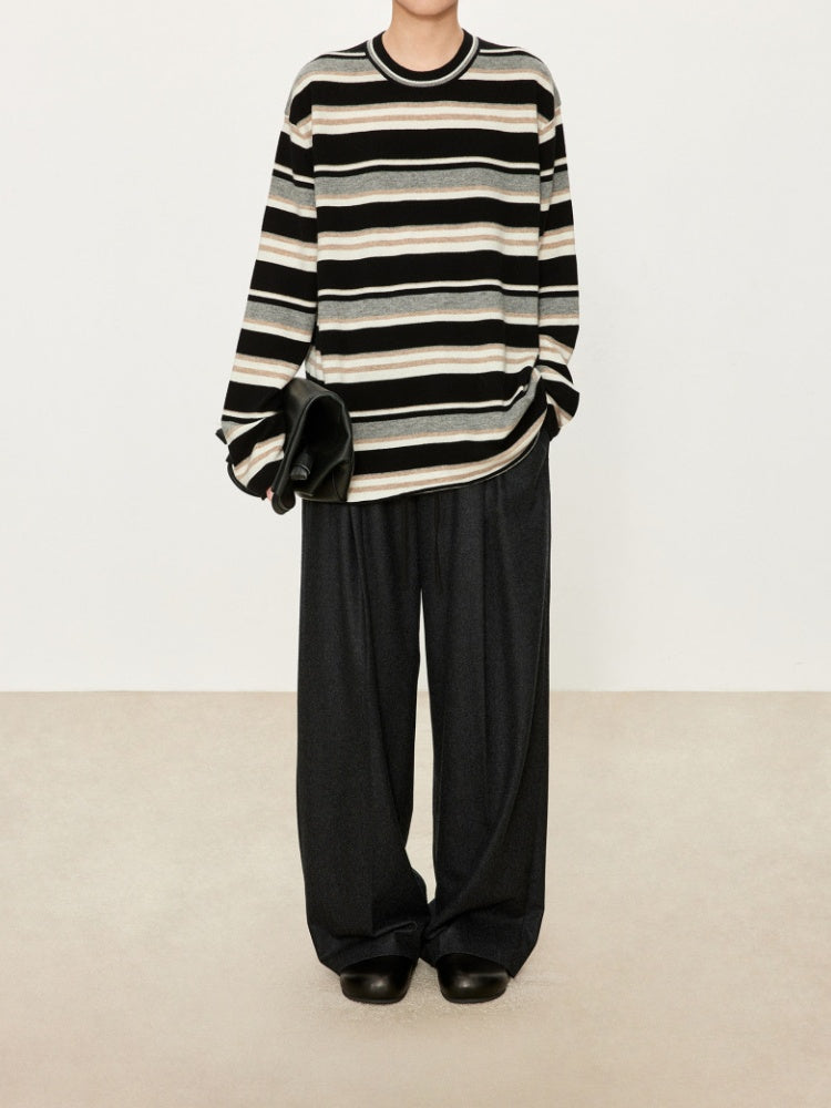 Wide Stripe Wool Knit Sweater for Women – Soft and Cozy Round Neck Pullover for Autumn/Winter