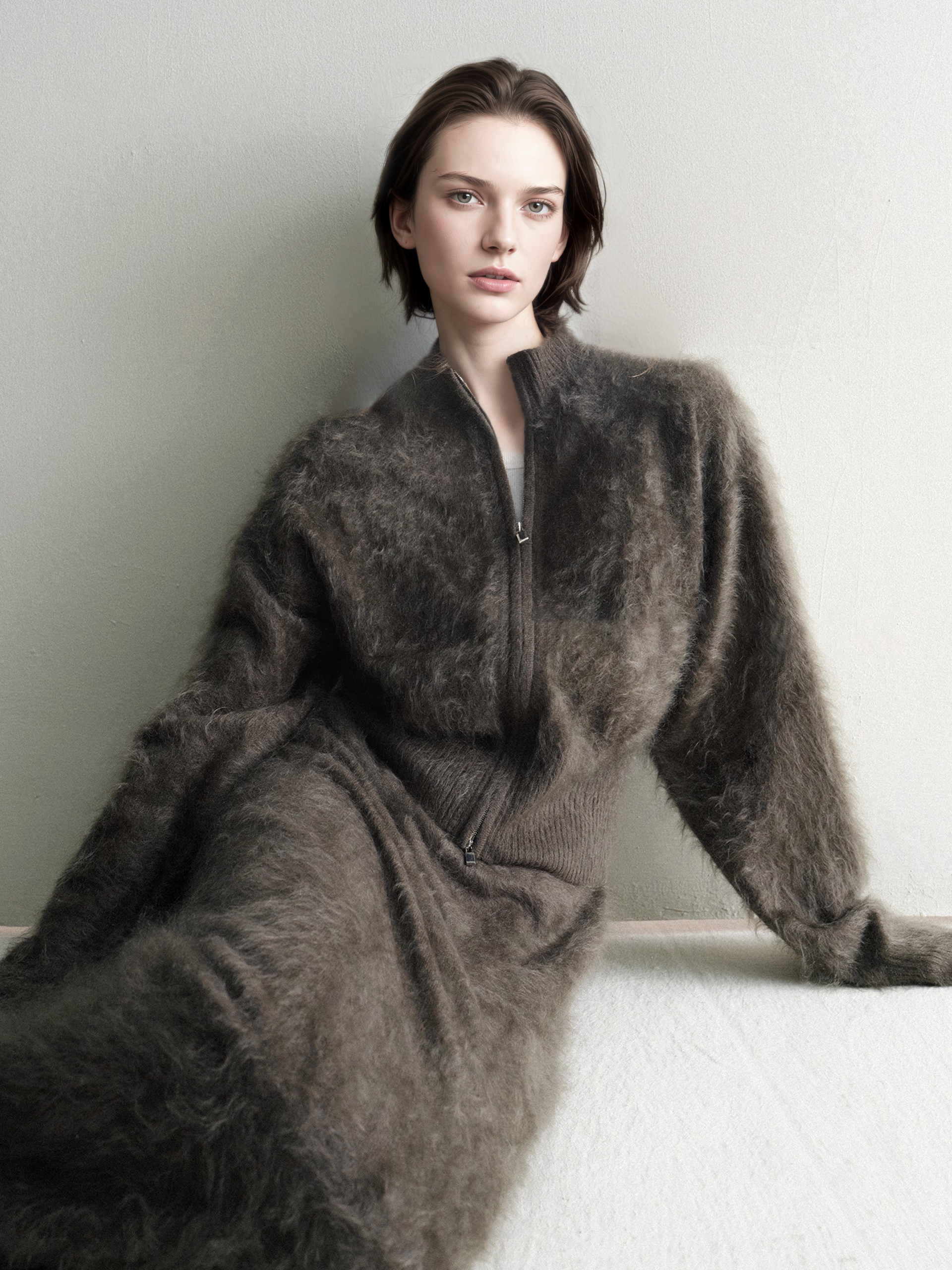 Luxury Brushed 100% Cashmere Stand-Collar Zip-Up Cardigan | Soft Fleece-Like Knit Sweater for Women