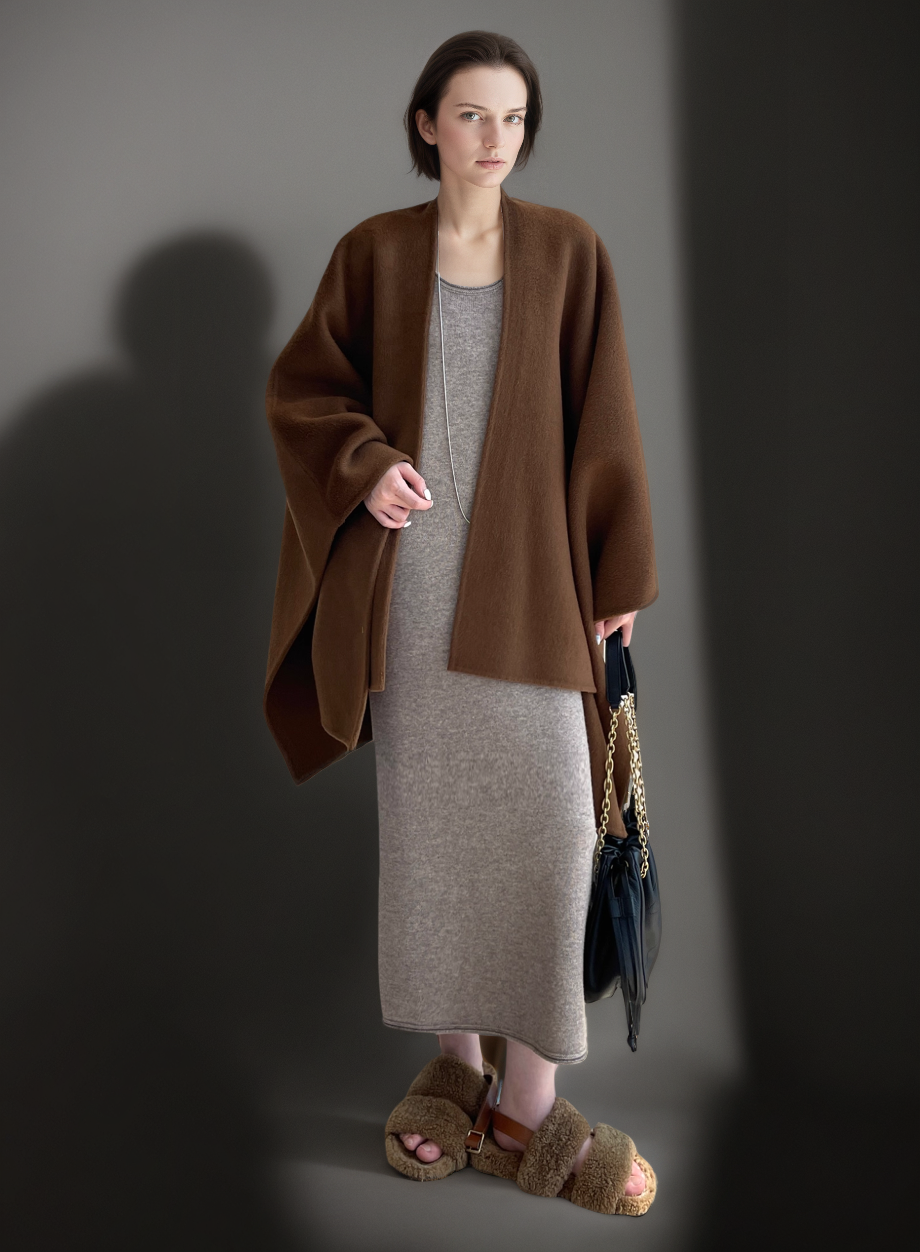 Women’s 80% Wool 20% Tencel Shawl Cape | Elegant Old Money Style Wrap in Classic Tan Brown