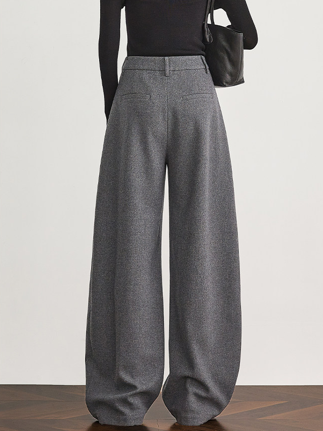Women's Gray Wool Wide-Leg Suit Pants – Premium Draped Wool-Blend Trousers for Fall/Winter