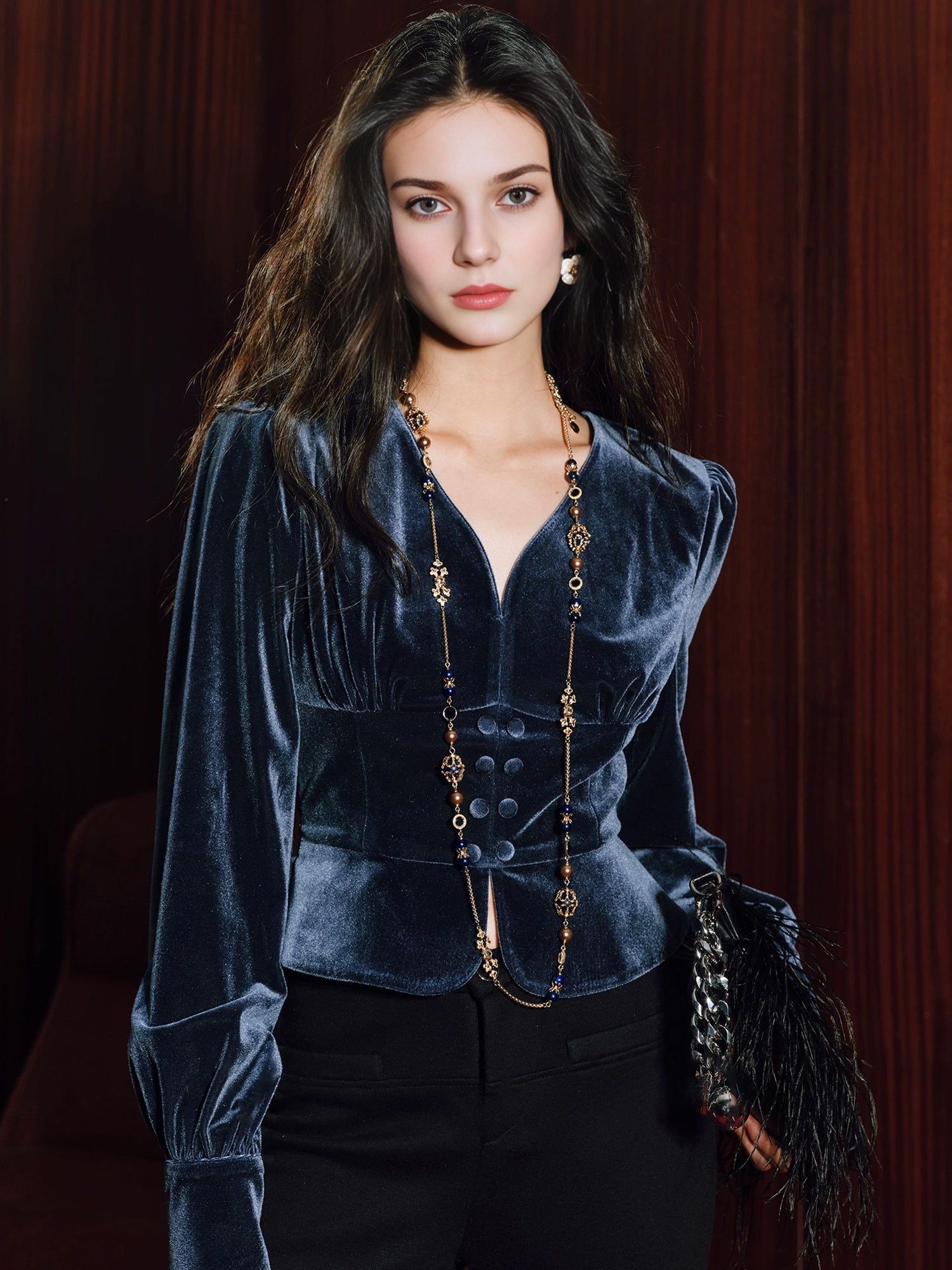 Shimmer Velvet Party Top for Women – Tailored Puff-Sleeve French V-Neck Ruched Short Blouse