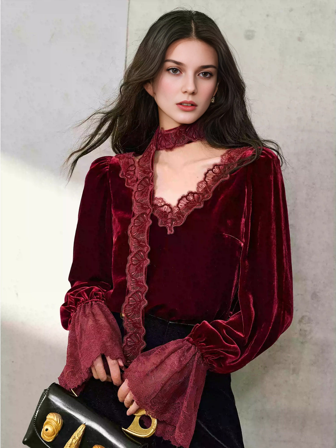 Soft Glow Silk Velvet Top – Eyelash Lace Trim, Tie-Neck Detail, Loose Fit Bell Sleeves