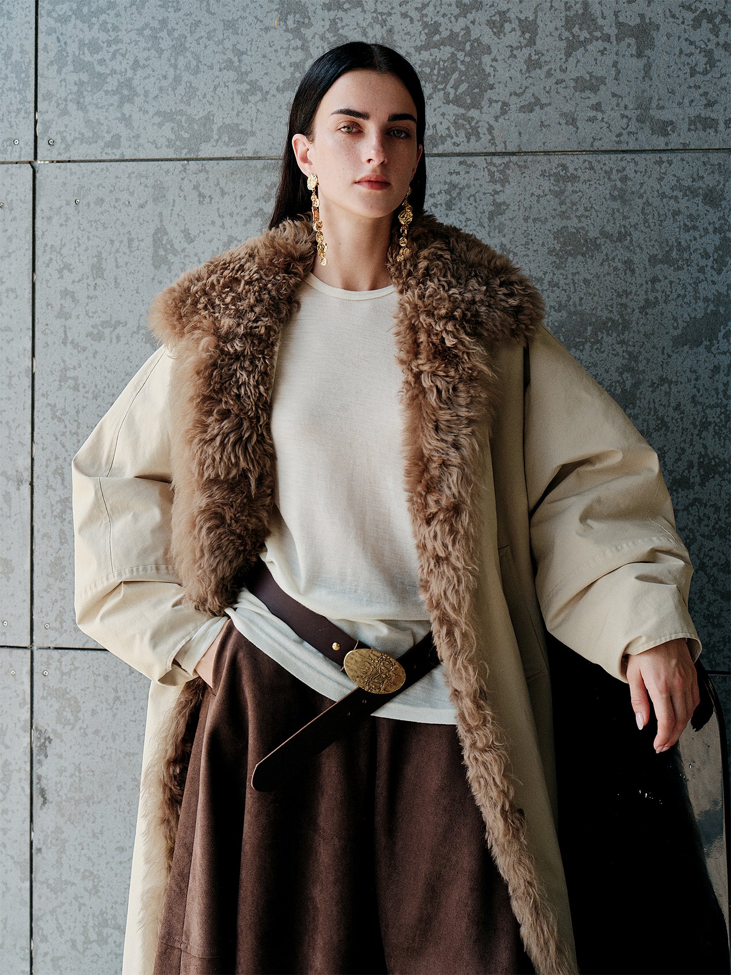Fluffy Wool-Lined Lapel 90% White Goose Down Long Puffer Coat
