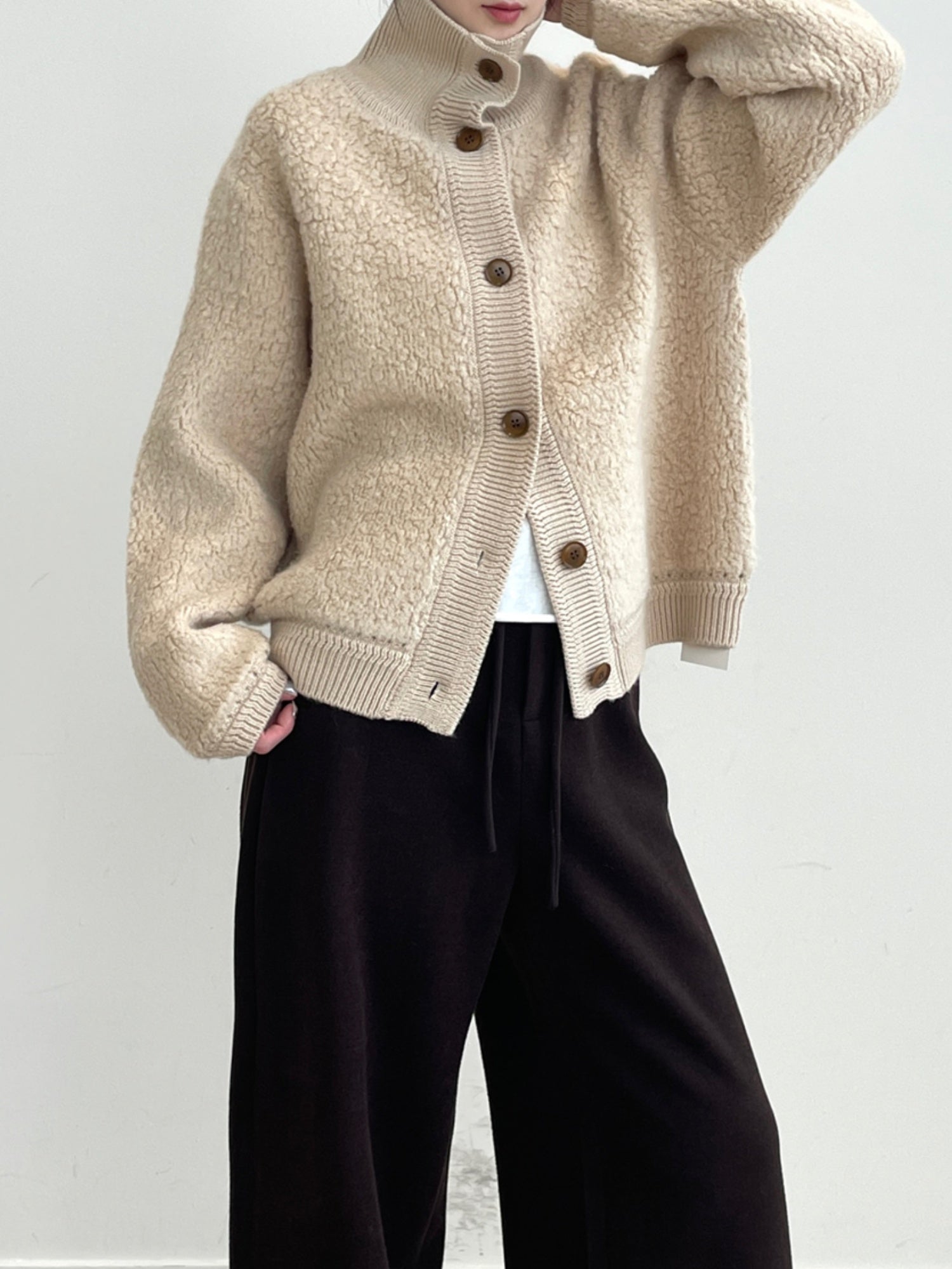 100% Wool Bouclé Knit Stand Collar Sweater Jacket for Women | Heavyweight Thick Textured Wool Cardigan