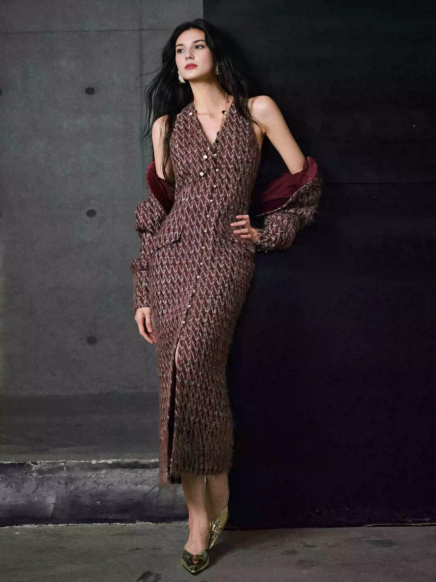 Luxury Wool Jacquard Tweed Set – Long-Hair Color-Yarn Bouclé Short Boxy Jacket & Halter Dress