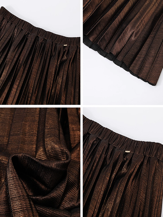 New Textured Metallic Satin Pleated Maxi Skirt for Women – Elegant Draped Long Skirt