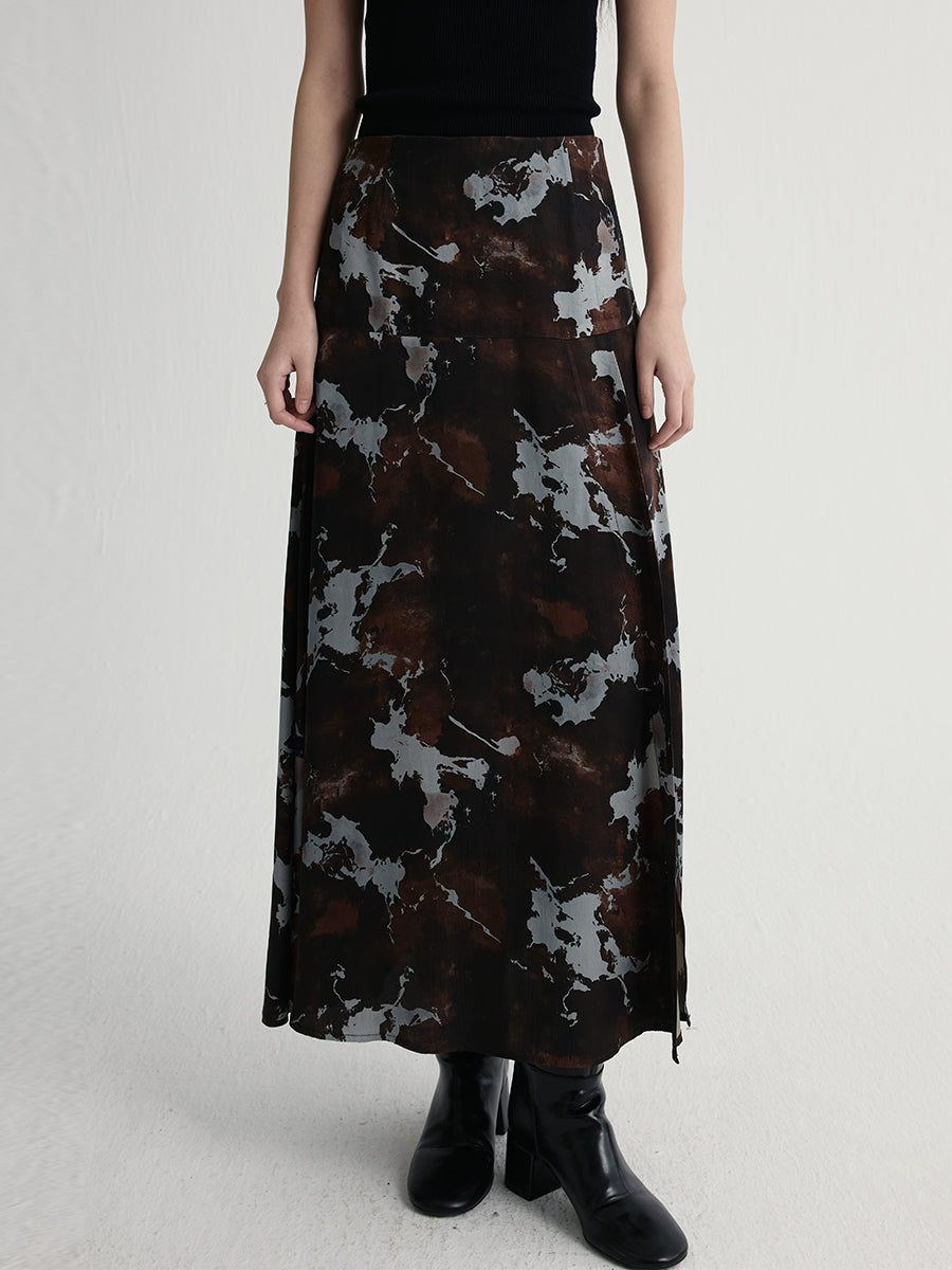 Marble Print Side Slit A-Line Skirt | Elastic Waist Long Midi Skirt