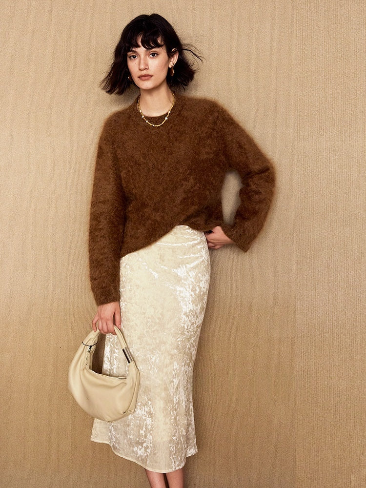 Glimmering Waves Vintage Gold-Flecked Fish Tail Skirt | Stretch Velvet Midi Skirt