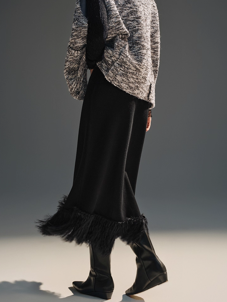 Double-Layer Thick Wool Cross-Stitch Tassel Sequin Embellished Knit Midi Skirt