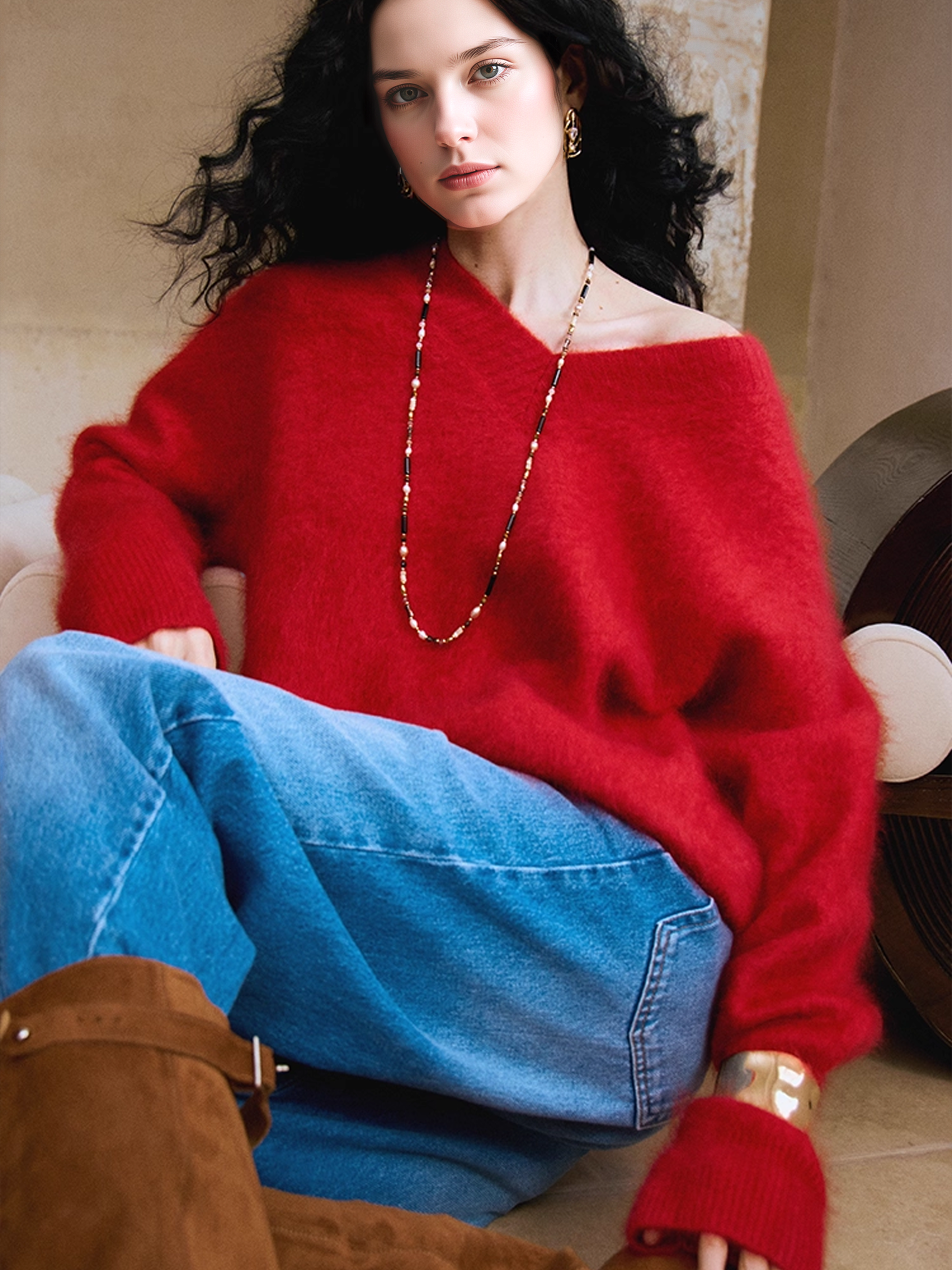 100% Rare Haan Mountain Cashmere Brushed Knit | Cloud-Soft Oversized V-Neck Sweater for Women