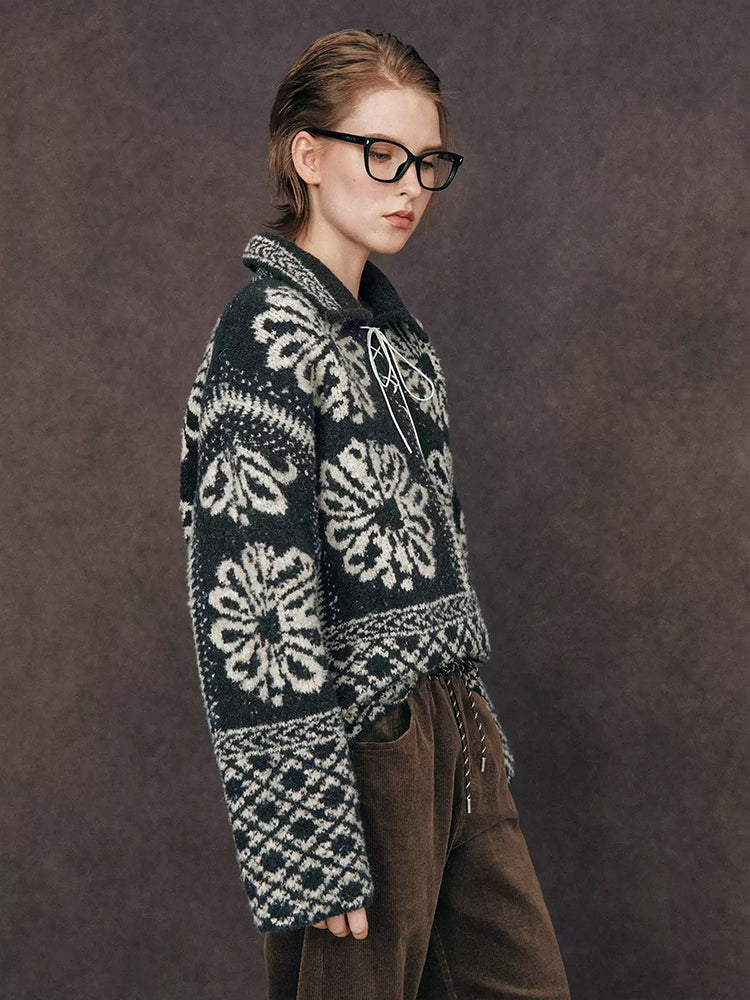 Paris Snow Velvet Fair Isle Knit | French-Style Tie Polo Collar Loose Slimming Pullover Sweater