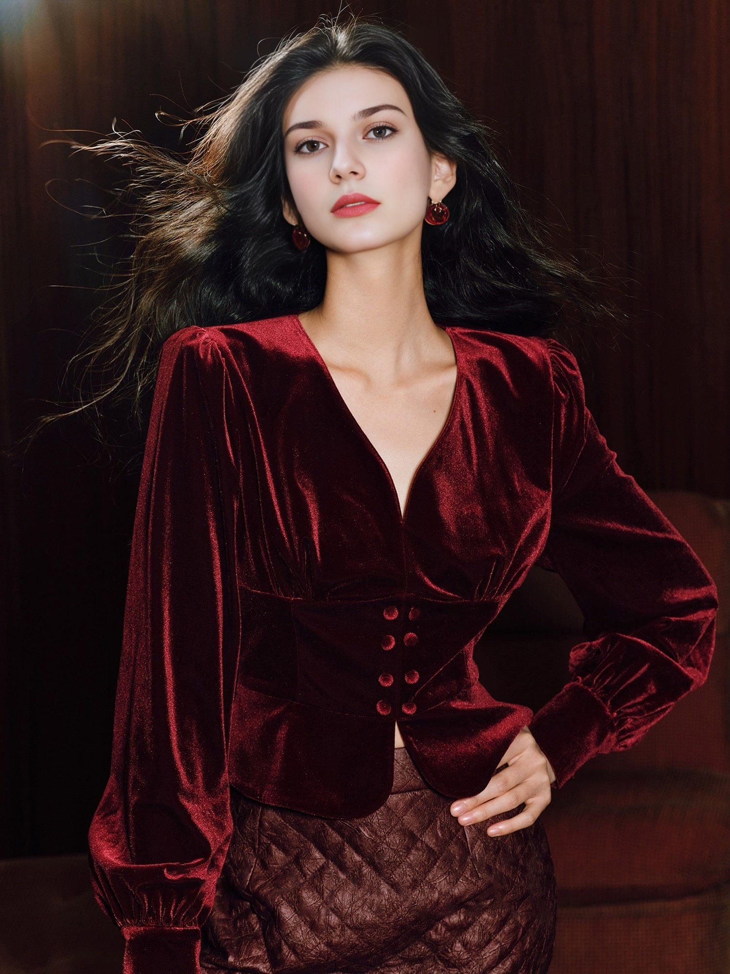 Shimmer Velvet Party Top for Women – Tailored Puff-Sleeve French V-Neck Ruched Short Blouse