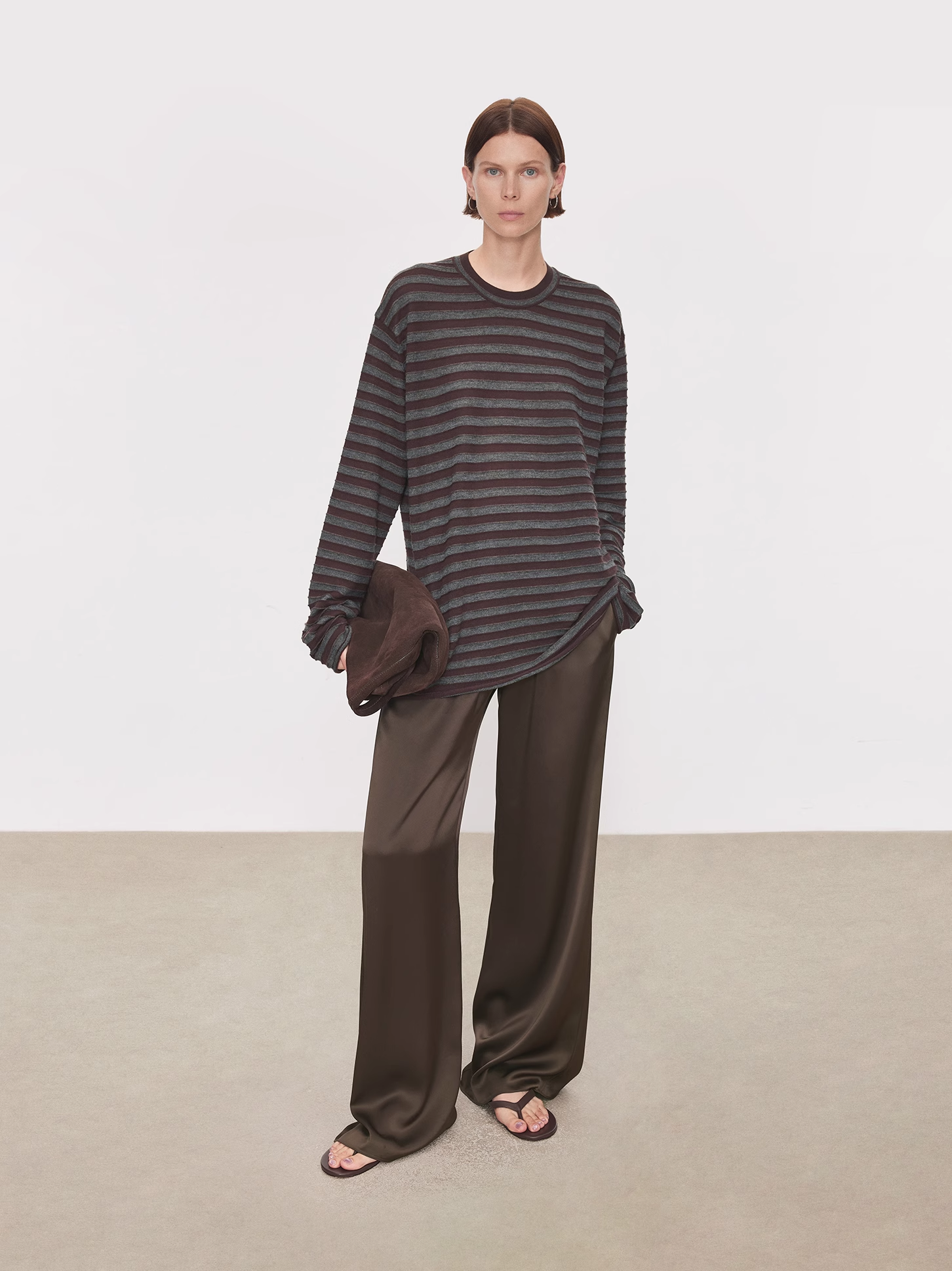 Minimalist Wool Striped Base Layer Top for Women – Coffee Brown & Soft Pink Fashion Knit