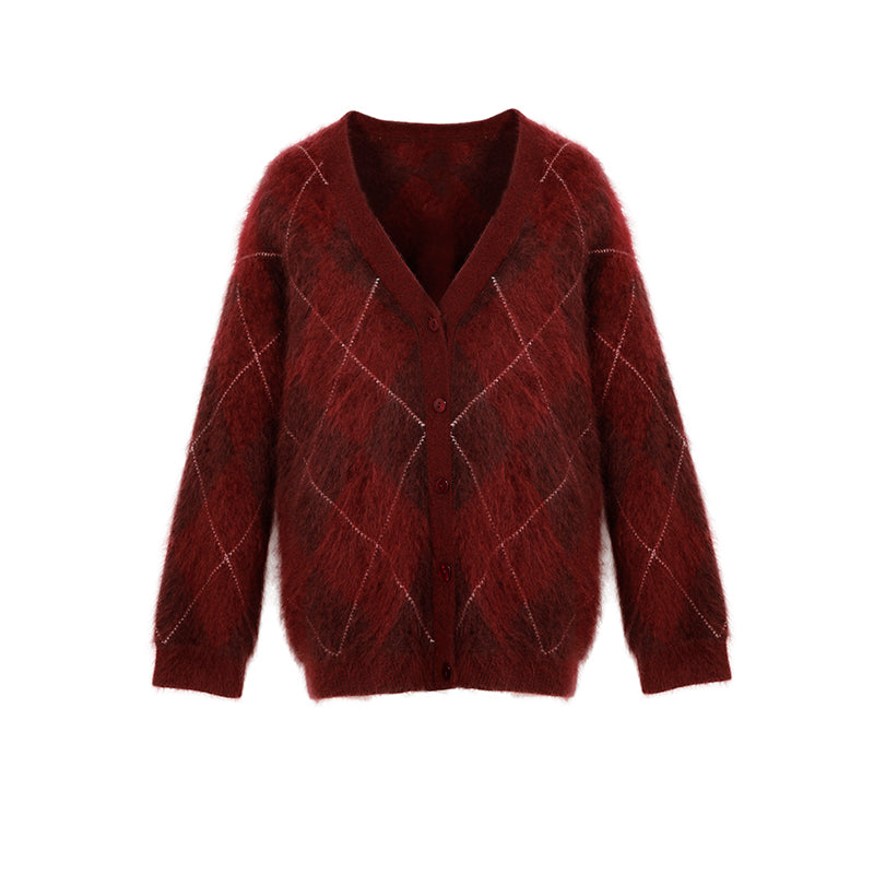 Heavyweight Brushed Knit Vintage Diamond-Pattern Cardigan for Women