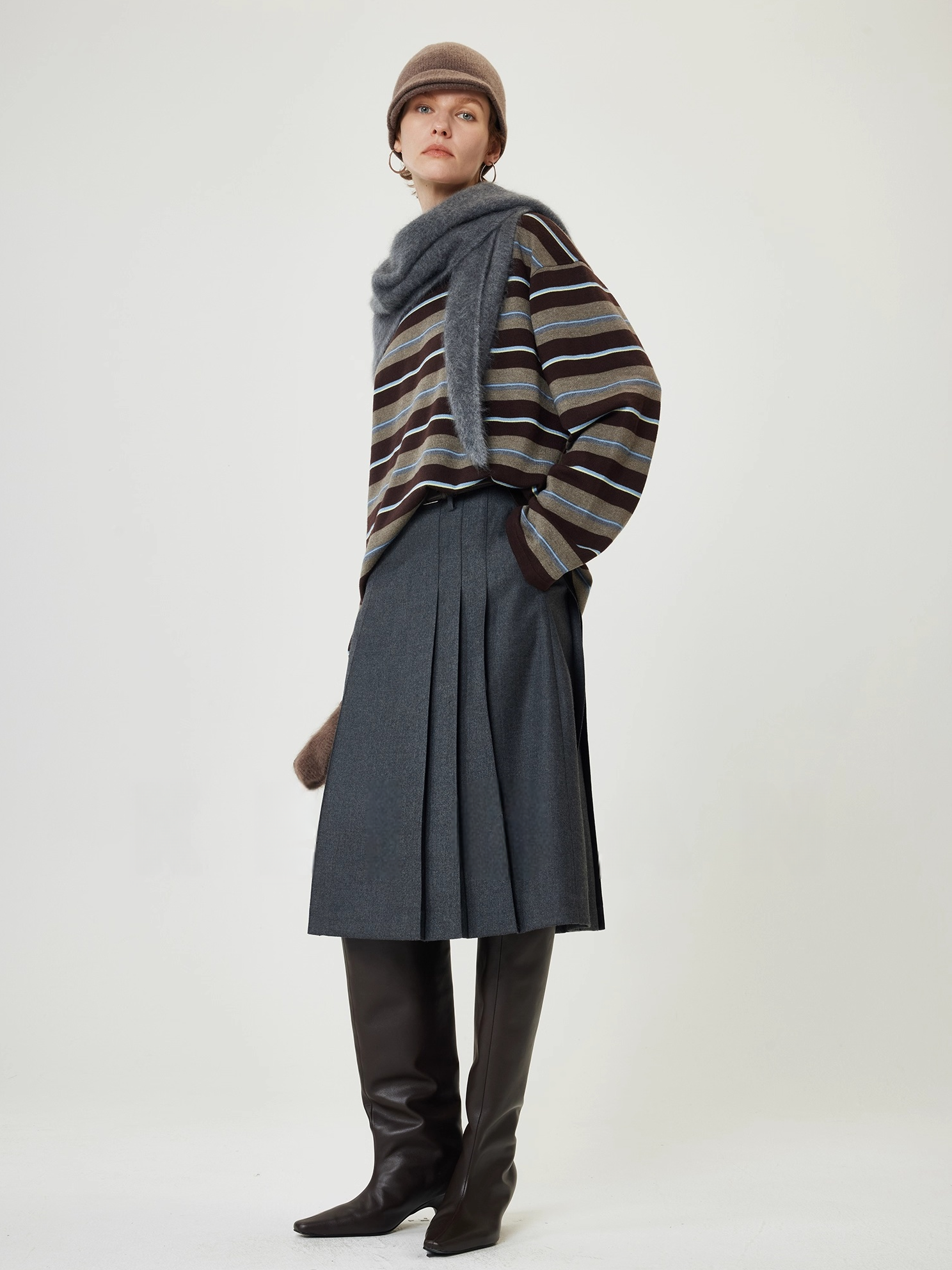 Washed Wool Striped Oversized Sweater for Women – Thick German-Style BIELLA Knit