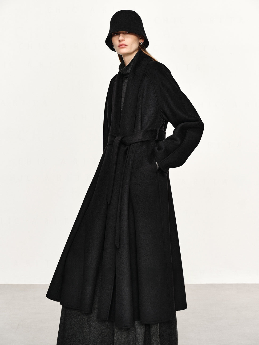 20% Cashmere Minimalist Double-Faced Wool Coat for Women – Vintage Green Luxury Overcoat