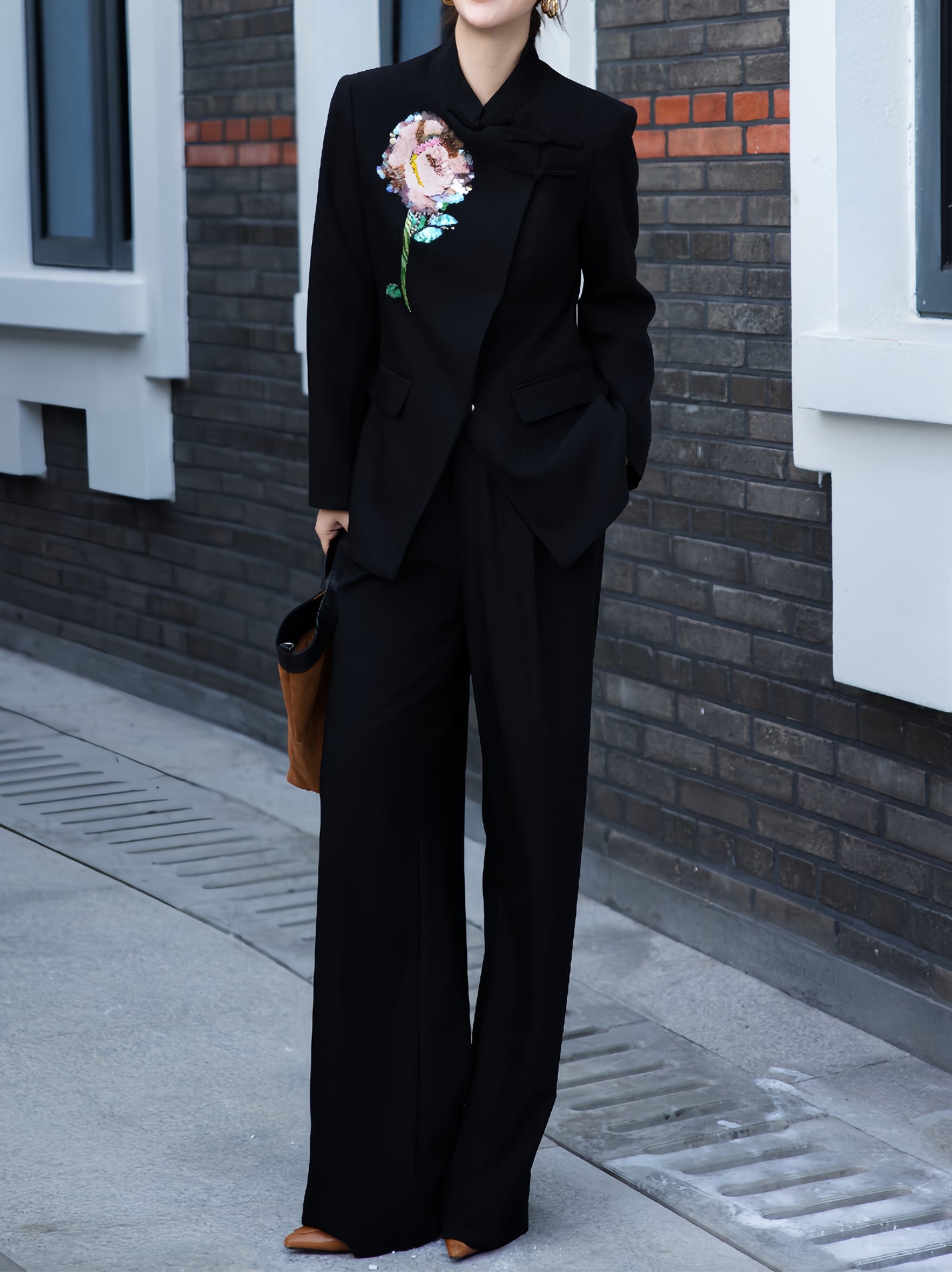 Glamorous Formal Attire | High-End Flower Embroidery & Knot Detailing Blazer & Wide-Leg Pants Set for Gala & Professional Events