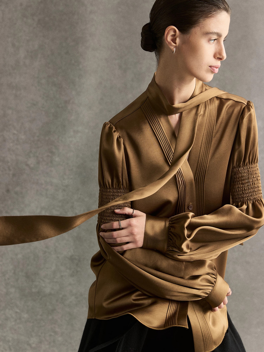 Neo-Classical Embossed Lace Smocked Blouse — Acetate Multi-Way Tie-Nec ...