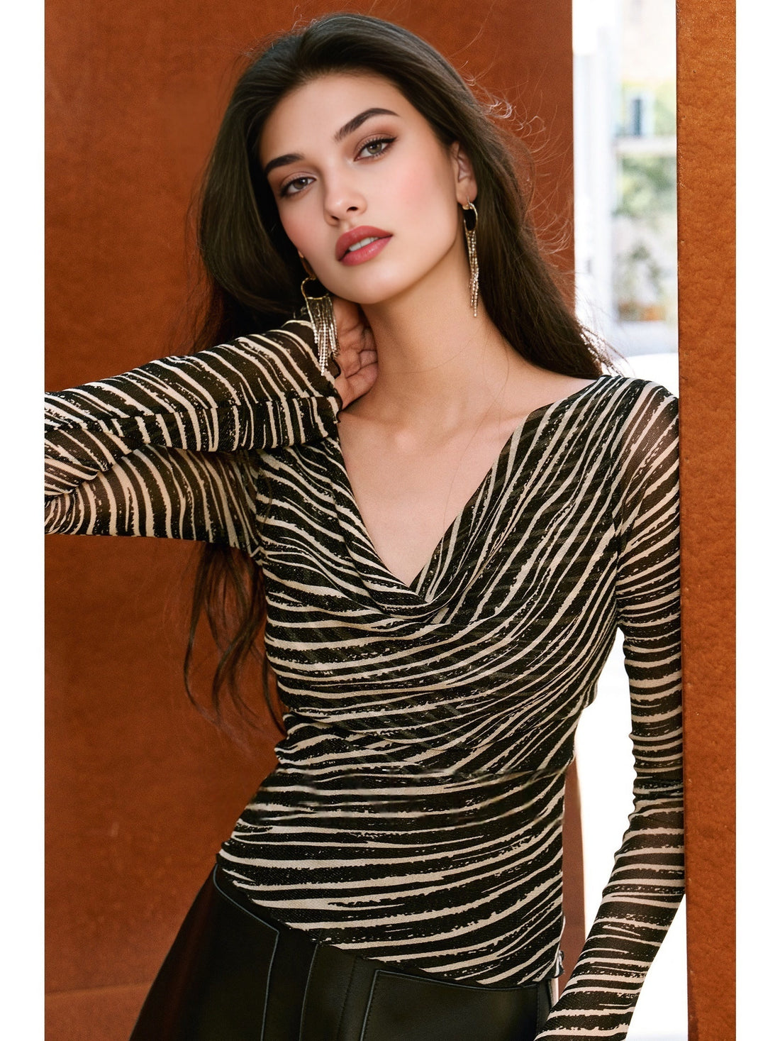 Women’s Sheer Gauze Slim Fit Top – Gold Thread, Artistic Print, Draped Lace Collar