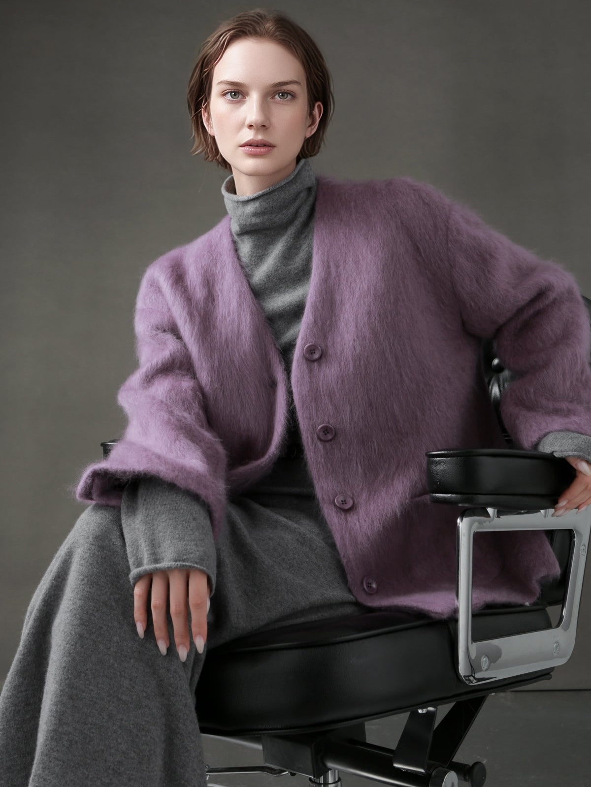 V-Neck Wool Coat for Women – Double-Faced Cashmere Blend Brushed Short Jacket, Elegant Autumn Winter Outerwear