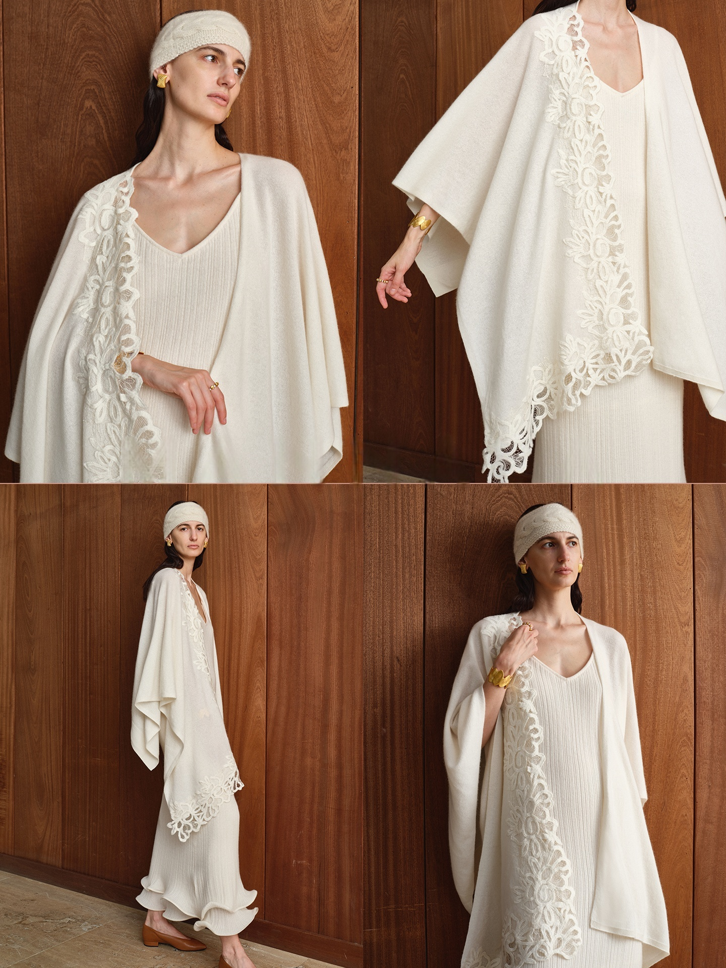 Luxury Quiet-Luxury Merino Wool Cape Shawl with Latte Art Pattern – Soft Elegant Poncho Wrap