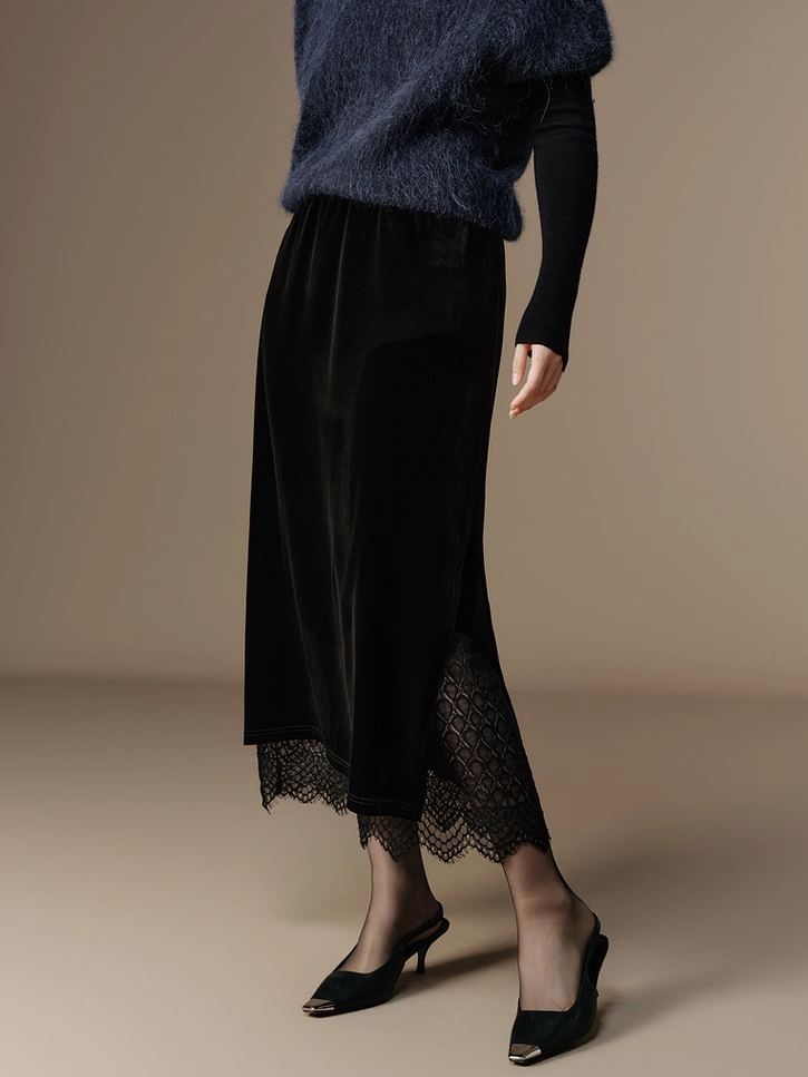 French Romantic Style Stretch Waist Lace-Trim Draped Velvet Long Skirt