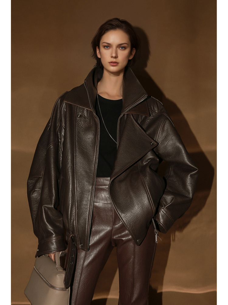 Vegetable-Tanned Goatskin Leather Jacket for Women – Double-Layer Genuine Leather Moto Coat for Fall Winter