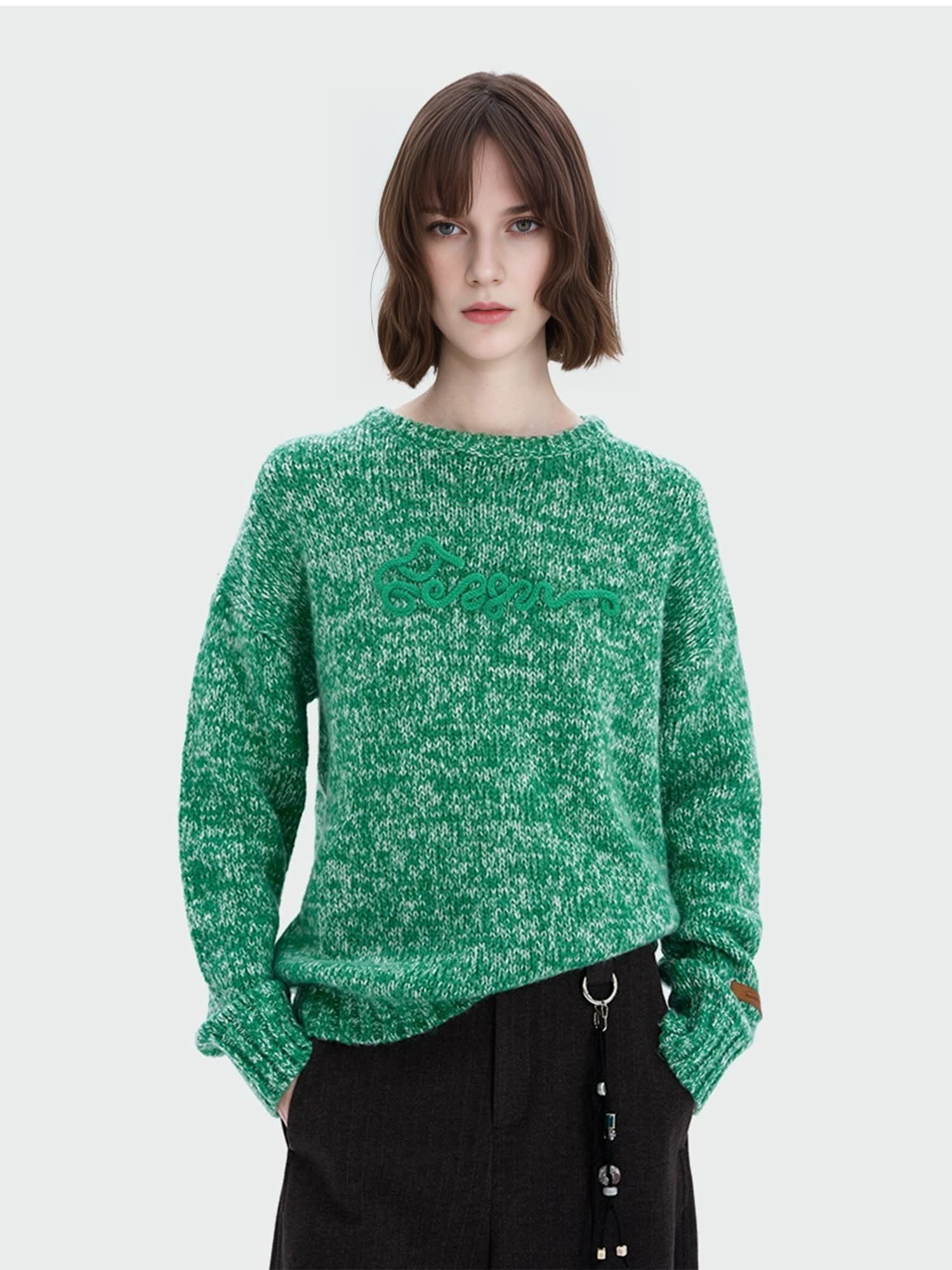 Green Wool Blend Speckled Knit Sweater for Women – Vintage Winter Pullover Top