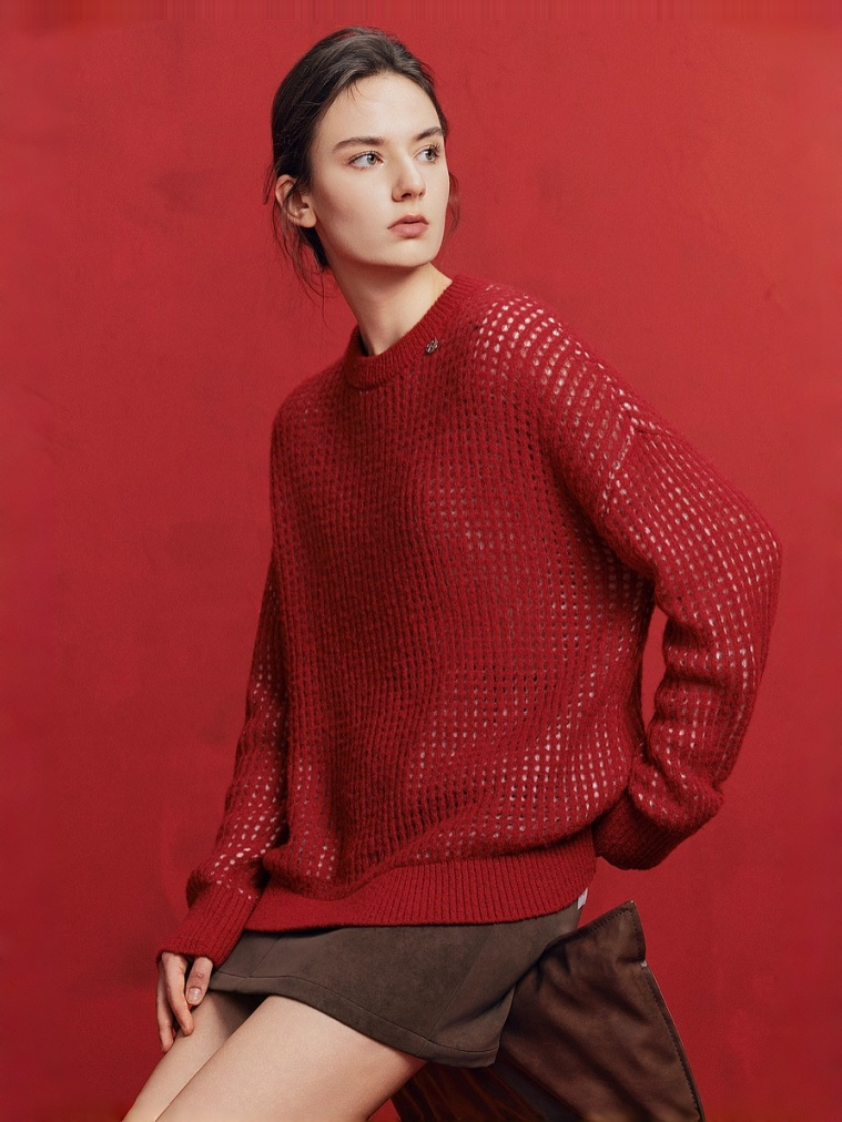 Red Christmas Merino Wool Hollow-Out Knit Sweater for Women – New Soft, Relaxed & Cozy Loose Pullover