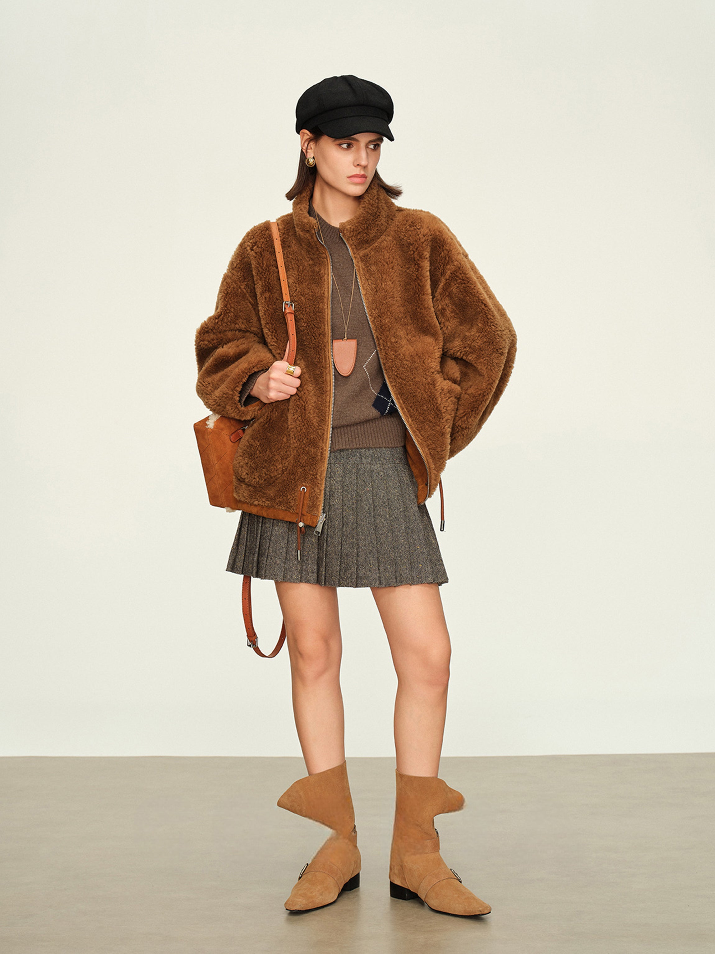 100% Wool-Lined Vintage Brown Faux Suede Jacket – Thick Reversible Shearling-Style Coat for Women
