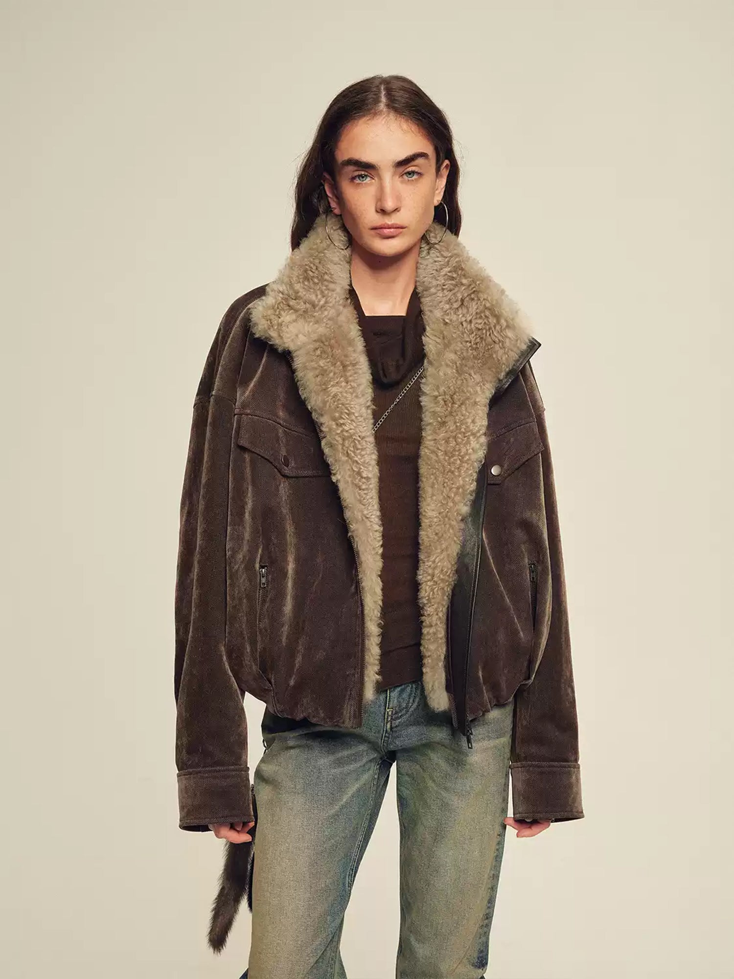 Detachable Wool-Collar Herringbone Sheepskin Parka – Camel-Wool Filled Winter Coat for Women